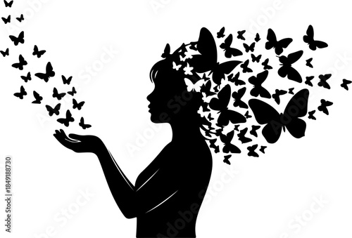 Whimsical Child Holding Butterfly Balloons – Black and White Illustration