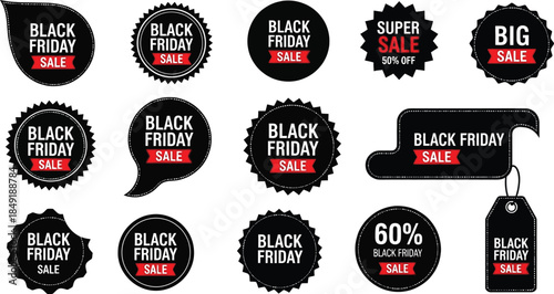 Dynamic vector set of black and red promotional badges and labels, perfect for advertising significant annual shopping events with massive discounts and special offers