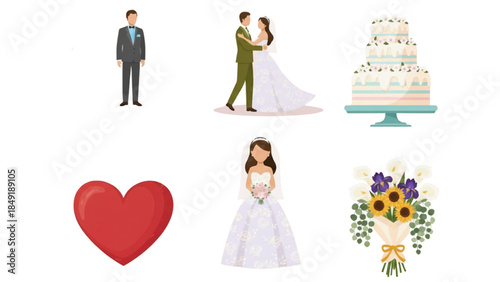 Wedding icon set with bride groom cake bouquet heart and couple flat vector illustration