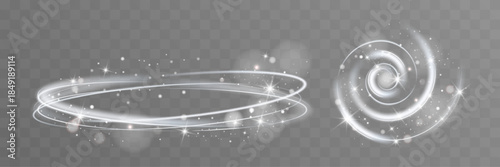 White glowing spiral vortex with soft light trails, sparkling stars and floating particles creating elegant magical motion effect on transparent background.