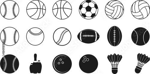 A diverse vector set of sports equipment icons athletic balls, bowling pins, and badminton shuttlecocks, in outline and solid graphic styles