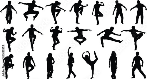 Large collection of black silhouettes featuring people jumping, dancing, parkour athletes, martial arts poses, and active urban movements isolated on white background vector
