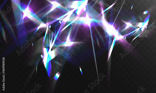 Abstract prismatic light flares with crystal shards and neon reflections creating futuristic sparkle effect on dark background.
