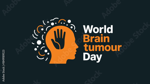 World Brain Tumour Day Awareness Banner with Orange Human Head Silhouette and Hand Icon for Medical Research and Healthcare Education Campaigns