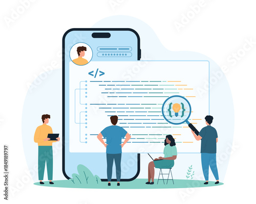 Development of software and mobile applications online, coding analysis on web platform. Tiny people research program code in window on phone screen with magnifying glass cartoon vector illustration