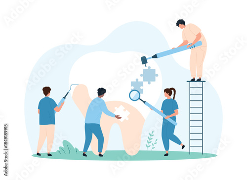 Dental health inspection, professional hygiene in clinic, teeth and mouth checkup. Tiny people work dentist tools in hospital, doctors clean plaque on white tooth enamel cartoon vector illustration