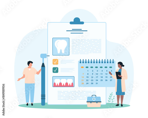 Dental checkup planning for professional oral hygiene and treatment in hospital. Tiny people check date of dentists consultation and teeth examination in calendar cartoon vector illustration