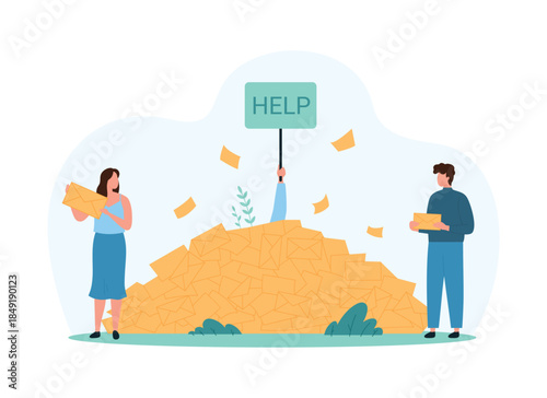 Email spam overload, mail box with marketing messages and newsletters. Tiny people with lot of correspondence, buried in letters person drowning in heap with Help sign cartoon vector illustration