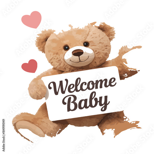 Cute brown teddy bear holding white sign saying “Welcome Baby” with two pink hearts floating beside on a clean white background