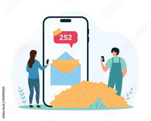 Email spam and SMS overload of mailbox mobile app. Tiny people and heap of scam letters and newsletter, paper envelope with delivery notifications on phone screen cartoon vector illustration