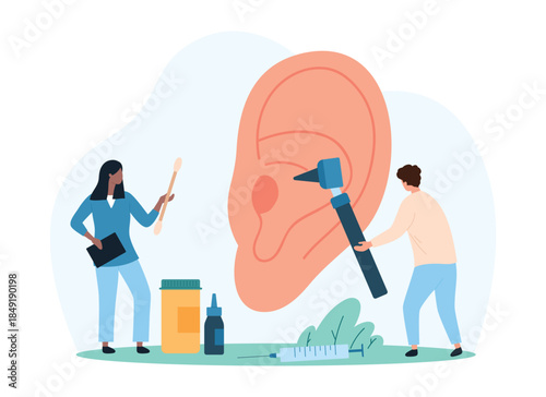 Diagnosis and treatment of earache, visit to otolaryngologist in hospital, otolaryngology. Tiny people check hearing of patient and ears infection at otoscope examination cartoon vector illustration