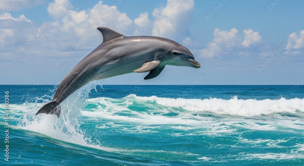Fototapeta premium Dolphin leaps joyfully from ocean waves under bright sky
