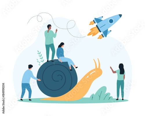 Slow and fast strategy of career growth, business competition, advantage and efficiency of leader. Tiny people ride on snail with efforts, fast rocket flying in sky cartoon vector illustration