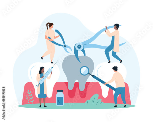 Procedure of rotten tooth extraction in dental clinic, caries and toothache treatment by dentists. Tiny people pull and remove sick tooth with surgeon forceps in hospital cartoon vector illustration