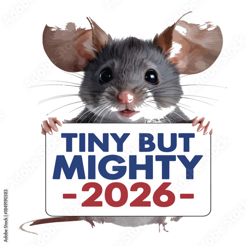Cute little mouse holding white sign that says tiny but mighty 2026 in red and blue text, political or motivational message