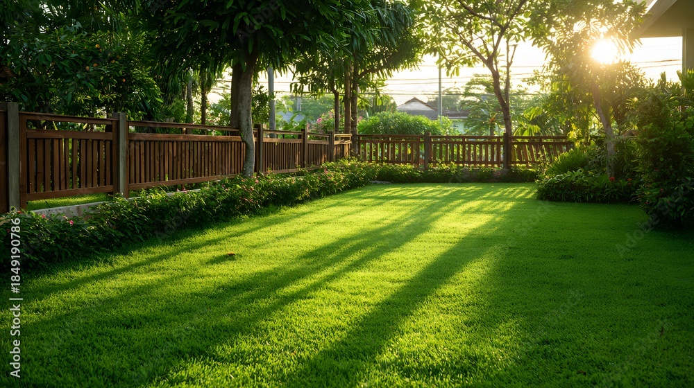 Obraz premium Lush Green Lawn and Wooden Fence in a Sunny Garden Scene.