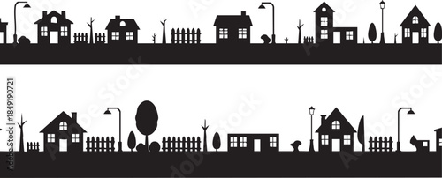 Minimalist Suburban Neighborhood House Silhouette Row with Fence, Trees and Street Lights Vector Illustration Set