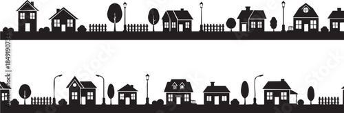 Black and White Suburban Neighborhood House Silhouette Row with Trees and Street Lamps Vector Illustration
