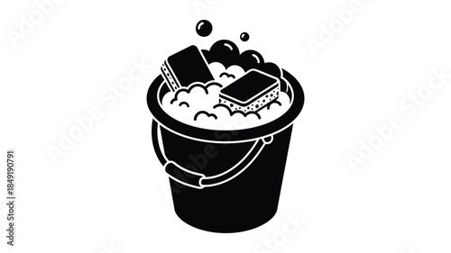 Cleaning supplies in a bucket including soap and sponge silhouette