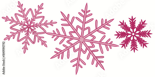 Pink snowflakes on a crisp white background, vector illustration, ideal for creating sweet and festive holiday designs.