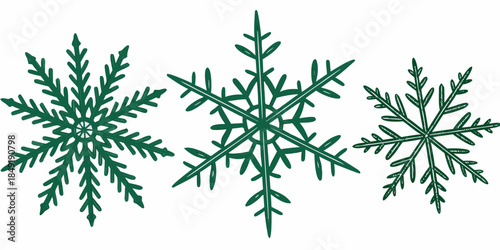 Set of delicate green snowflakes on a white background, vector art, ideal for creating joyful and nature-inspired holiday cards.