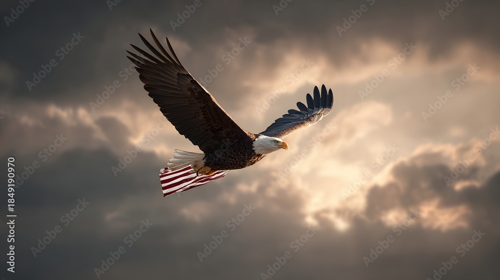 Fototapeta premium Majestic Bald Eagle Soaring Through Cloudy Sky with American Flag.