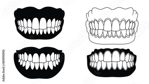 Detailed illustrations of teeth arrangements showing various bite patterns silhouette
