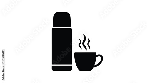A black thermos and steaming cup a simple graphic illustration silhouette