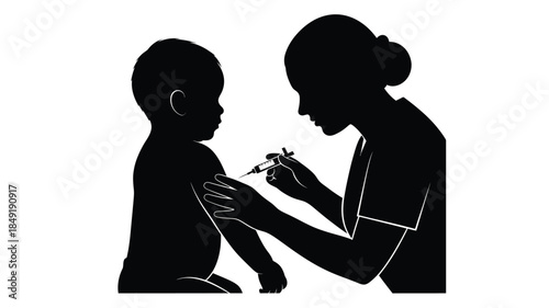 A healthcare worker administering a vaccine to a young child silhouette