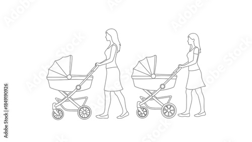 Woman pushing a baby stroller in different poses line art silhouette