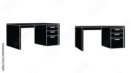 Minimalist office furniture arrangement with cabinets and desks black silhouette