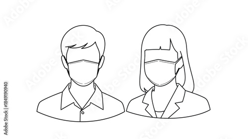 Two figures wearing face masks a simple black and white silhouette