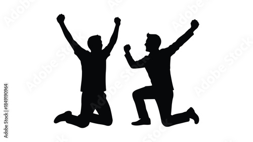 Two joyful people celebrating with arms raised in a dark silhouette