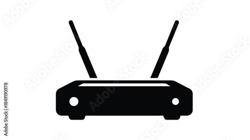 Simple black router icon with two antennas modern communication technology silhouette