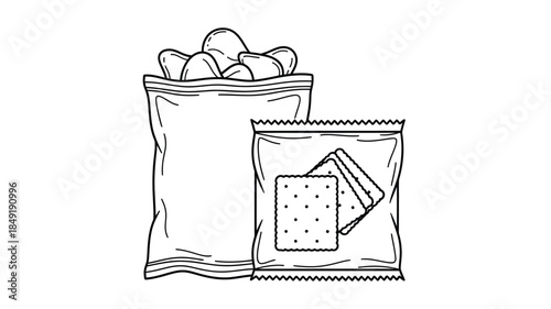 A sketch of snack bag with biscuits inside black and white silhouette