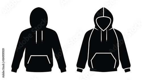 Two black hooded sweatshirts presented in a simple modern silhouette