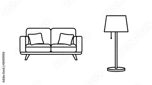 Simple living room furniture illustration with a sofa and floor lamp silhouette