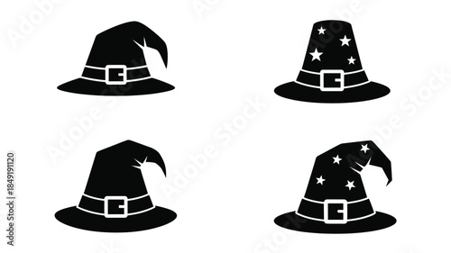 Four black witch hats with decorative elements a striking silhouette