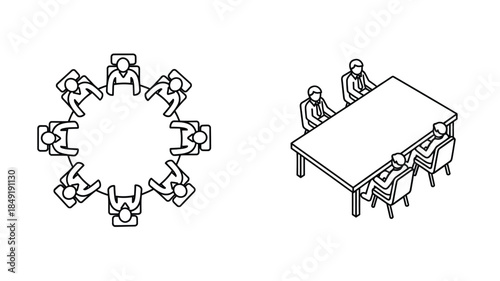 People seated around a table and in a circular arrangement outline silhouette