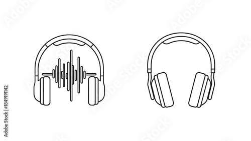Two pairs of headphones outlined in a minimalist black and white silhouette