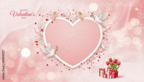 Valentine's day celebration romantic atmosphere graphic design soft pink background heart frame with doves and flowers love theme festive decorations
