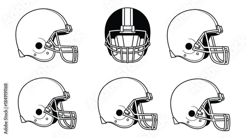 American football helmets in various views a black and white silhouette