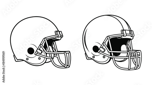 Two american football helmets in a detailed black and white silhouette