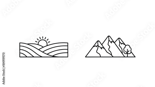 Minimalist landscape design featuring mountains fields and a sun silhouette