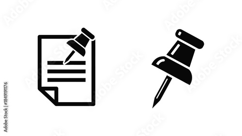 Black icons of a document with pen and a push pin silhouette
