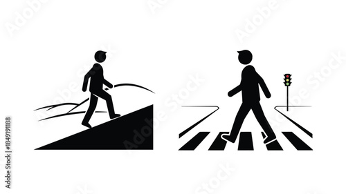 Pedestrians crossing a street and navigating an incline a striking silhouette