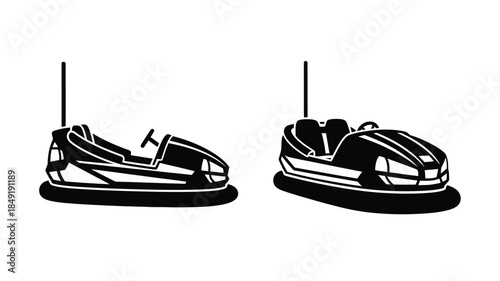 Two bumper cars in a striking black and white silhouette