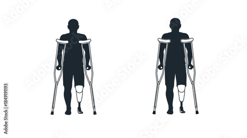 Two people with prosthetic legs and crutches a striking silhouette