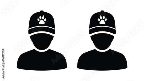 Two identical figures wearing caps a striking black silhouette