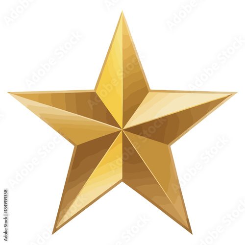 Shiny golden five pointed star with intricate facets and reflective surfaces symbolizing achievement and excellence isolated on clean white background